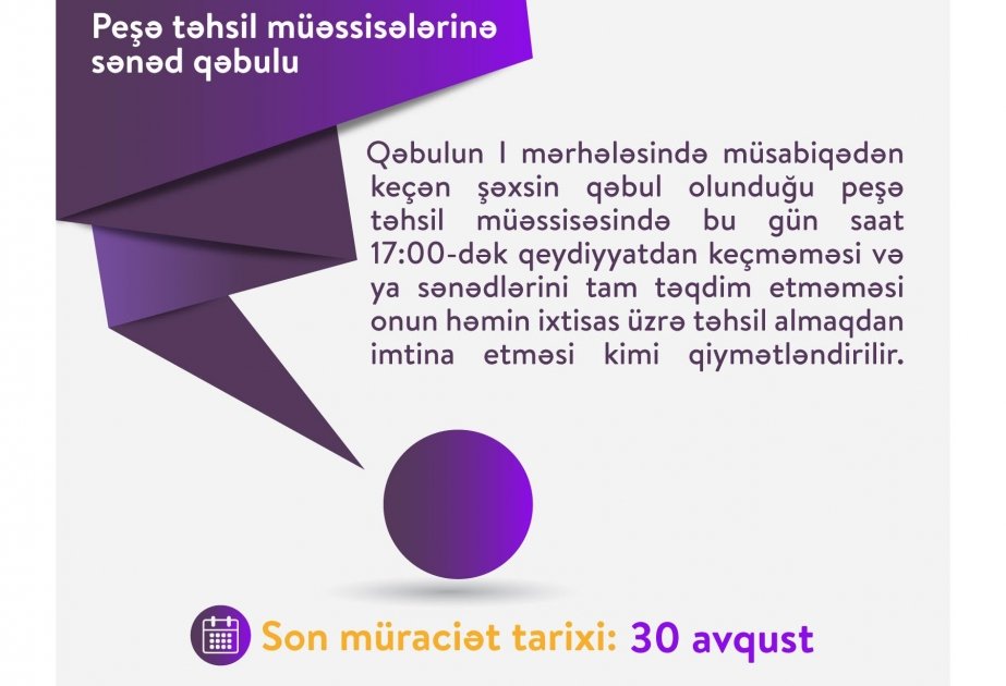 Peşə təhsili müəssisələrinə sənəd qəbulu bu gün başa çatır