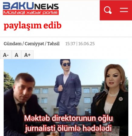 Məktəb direktorunun oğlu jurnalisti ölümlə hədələdi – Təhsil portalının rəhbəri paylaşım edib